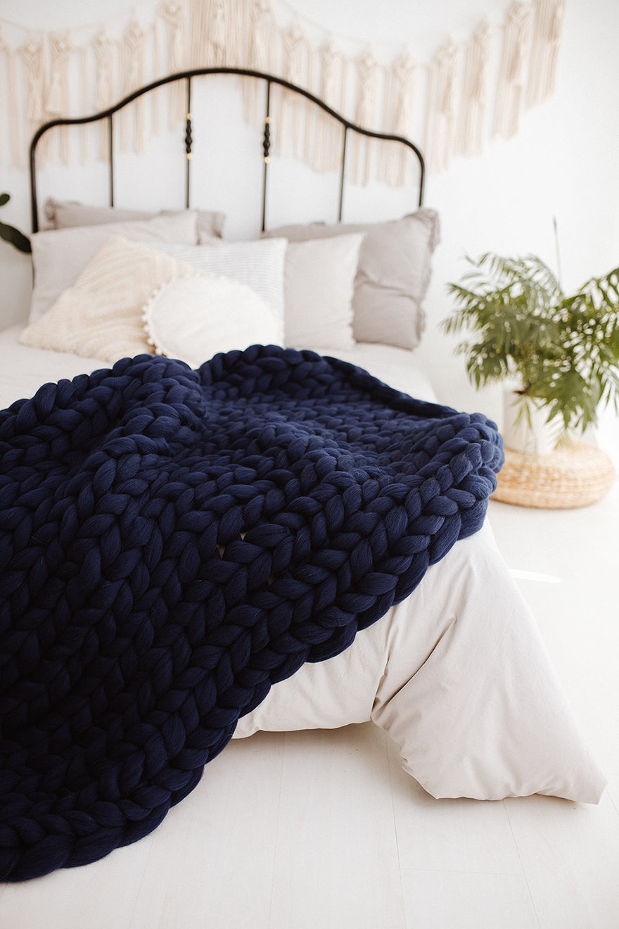 navy chunky knit blanket